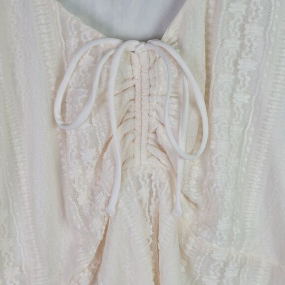 Arula Boho Lace Blouse 2X Cream NWT Scalloped Romantic Ruched Tie Sheer Sleeve - Picture 4 of 16